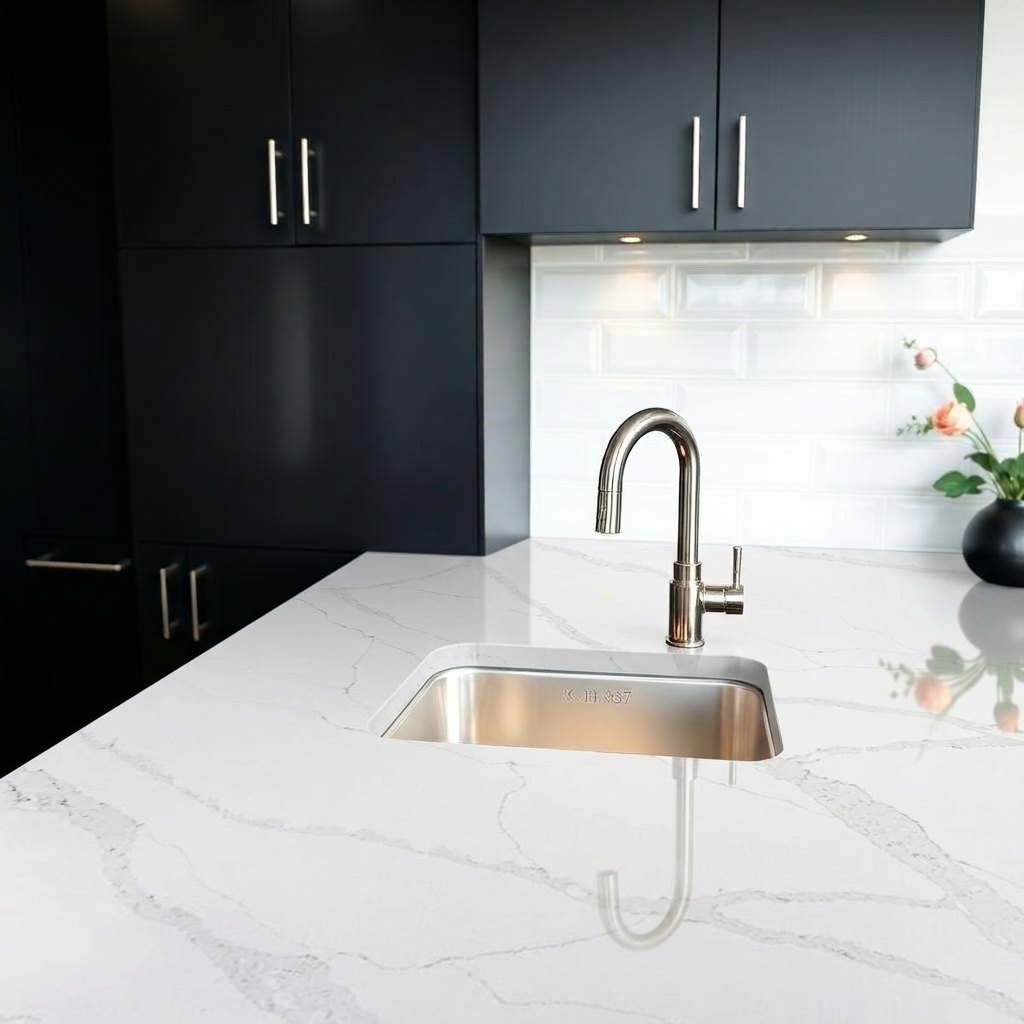 Kitchen after: white quartz countertop